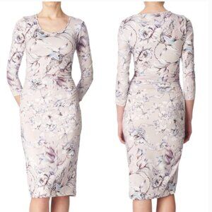 REISS Womens Balbina Midi Dress L Ruched Long Sleeve Floral Stretch Body…
